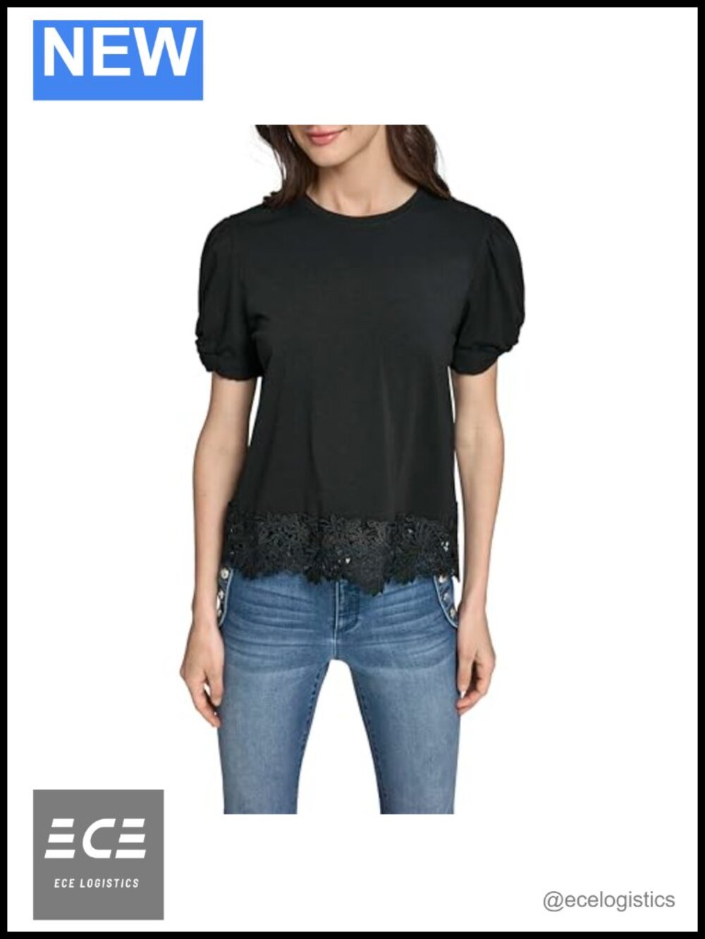 Karl Lagerfeld Women's Lace Detail Blouse Cap Sleeve Button Relaxed Fit